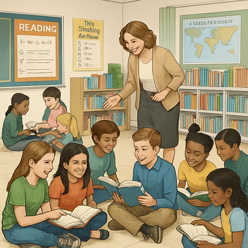 A fifth-grade classroom with students engaged in group reading activities, fostering collaboration and comprehension. Fifth-grade students engaged in group reading activities, improving their ELA skills.