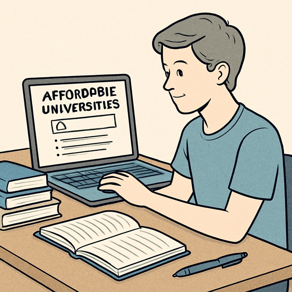 A student using a laptop to research affordable university options online. Student researching AS level university admissions on a laptop.