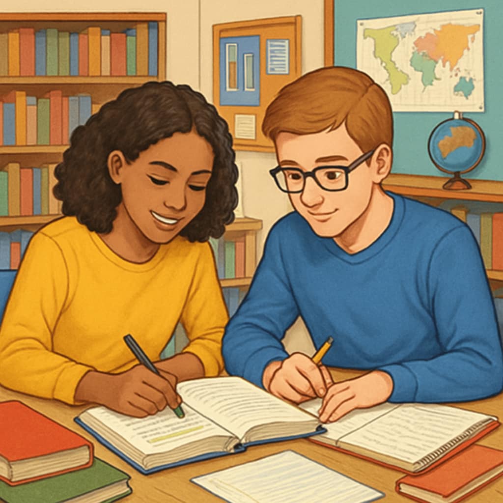 Students working in pairs to annotate a text in a vibrant classroom setting with books and learning materials. Fifth-grade students annotating texts to enhance reading comprehension.