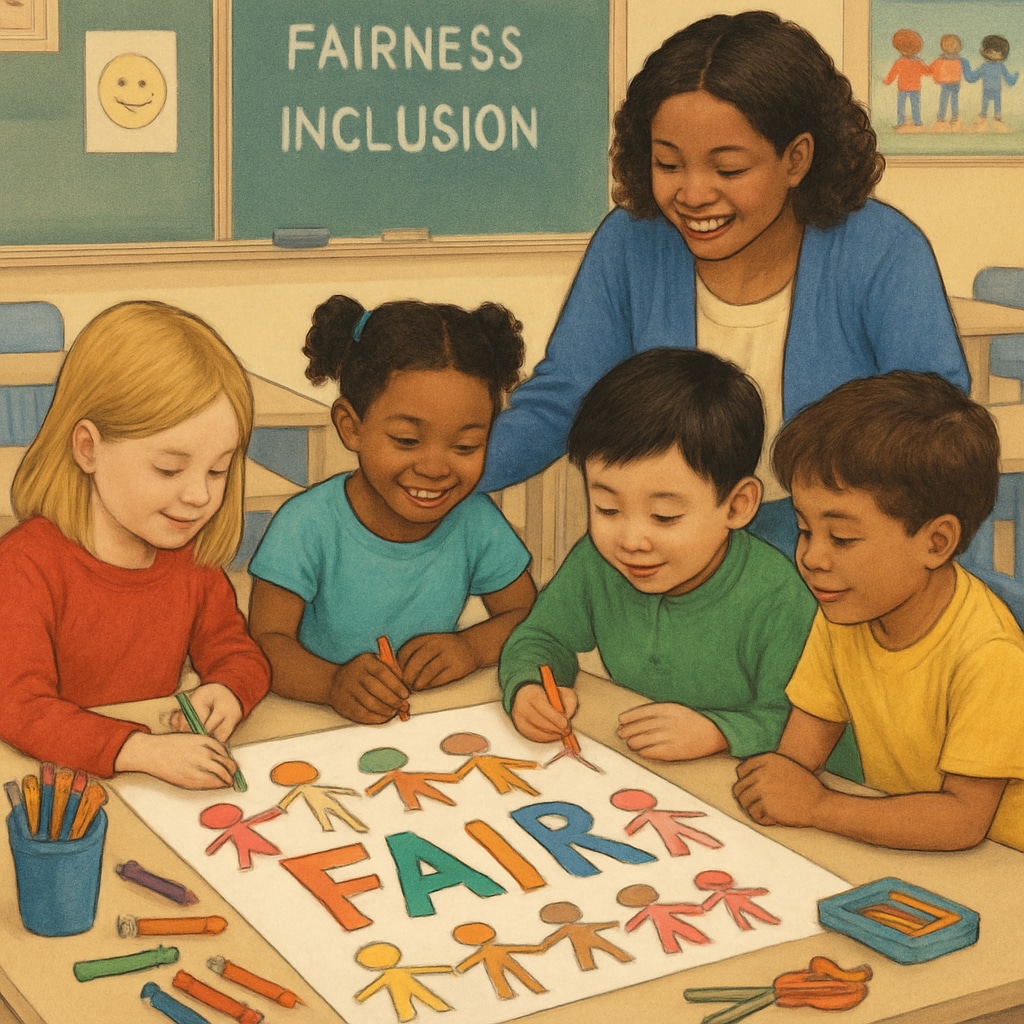 First-grade students working on art projects about fairness and inclusion.