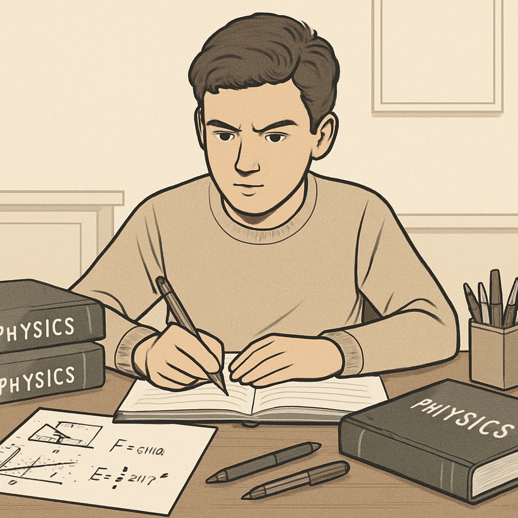 Physics student studying backlogs with notes and textbooks.