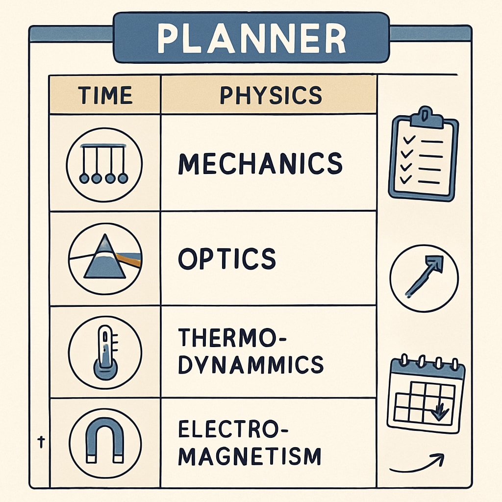 Study planner highlighting time allocation for physics topics.