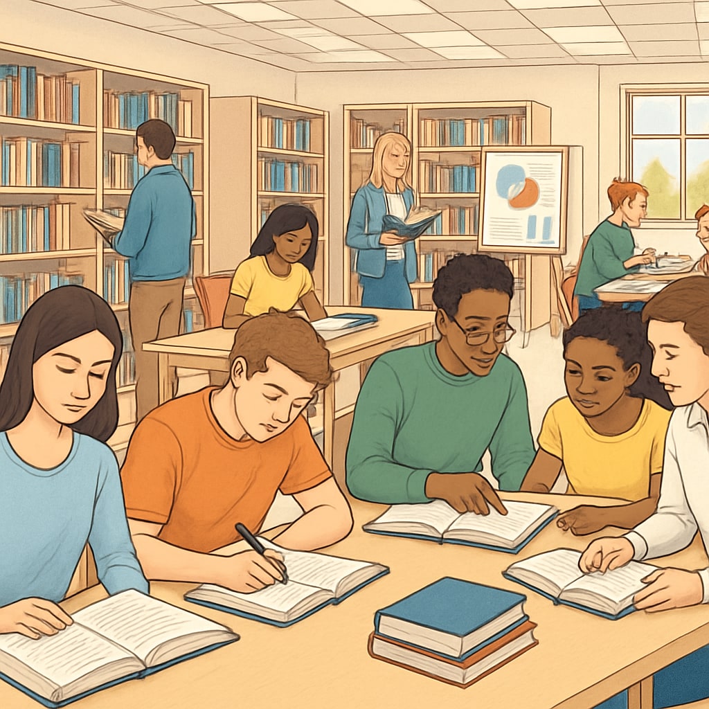 Students studying in a library, symbolizing a supportive academic environment.