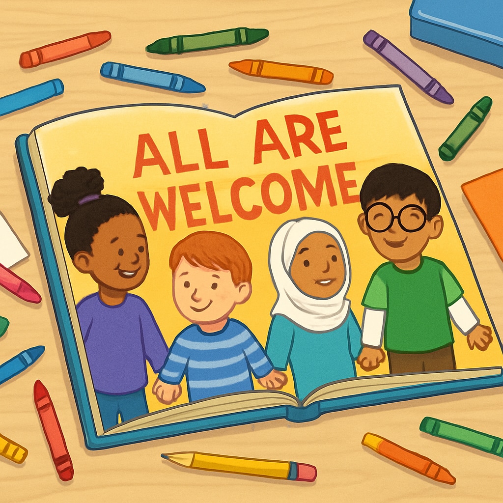 A children’s book on diversity and inclusion with crayons and paper on a desk.