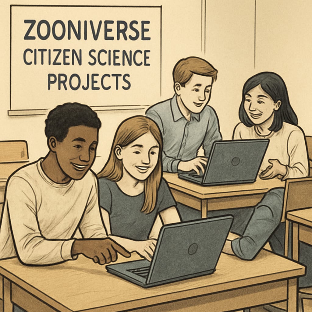 K12 students analyzing Zooniverse scientific data in a classroom setting.
