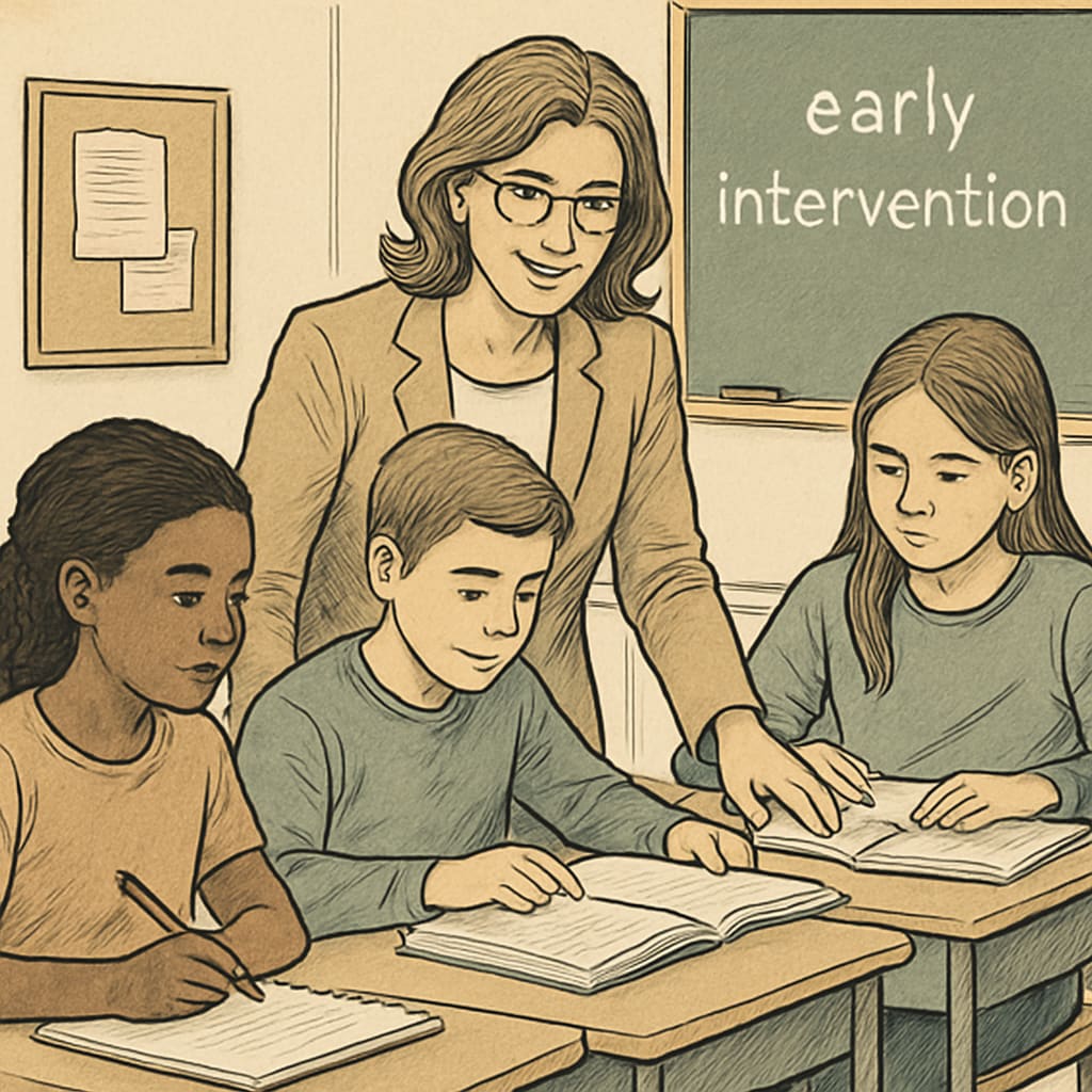 Teacher guiding students in a classroom, showcasing personalized academic support in K-12 education.
