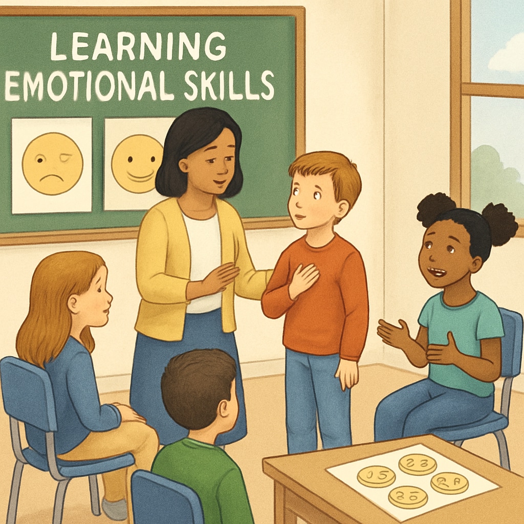 A child in a classroom setting learning emotional skills through interactive activities, such as role-playing or group discussions. A child engaging in emotional education activities in a school environment.