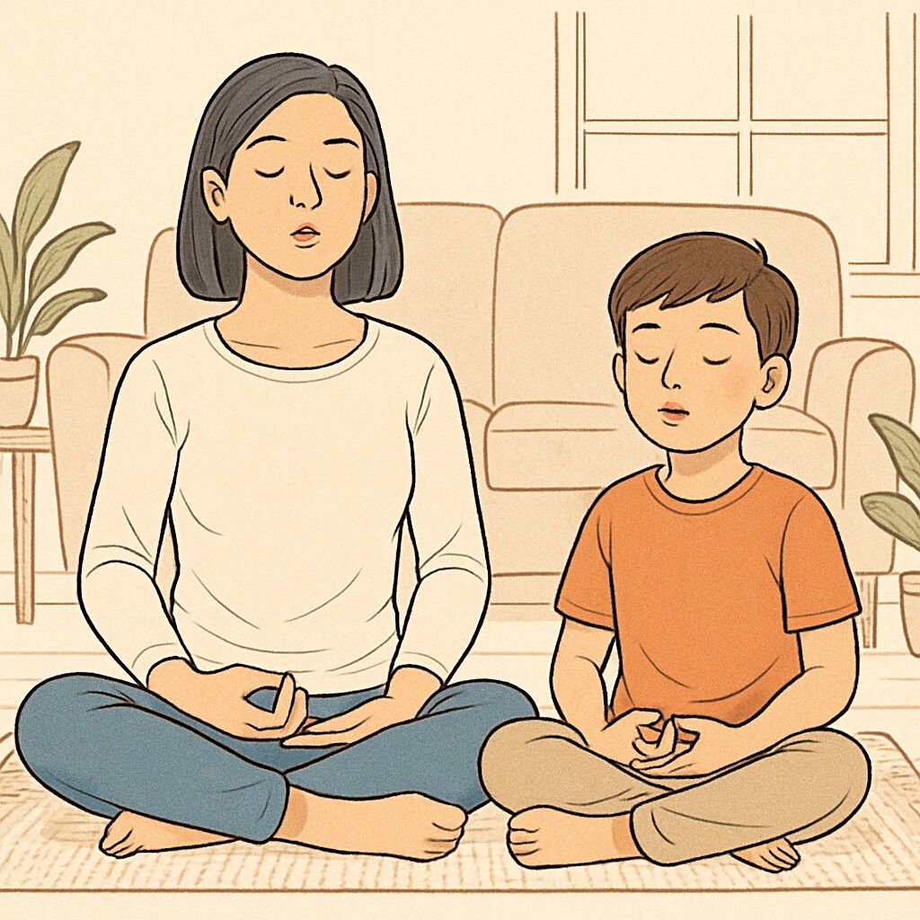 A parent practicing mindfulness exercises with their child at home to develop emotional regulation skills. Parent and child practicing mindfulness to enhance emotional regulation.