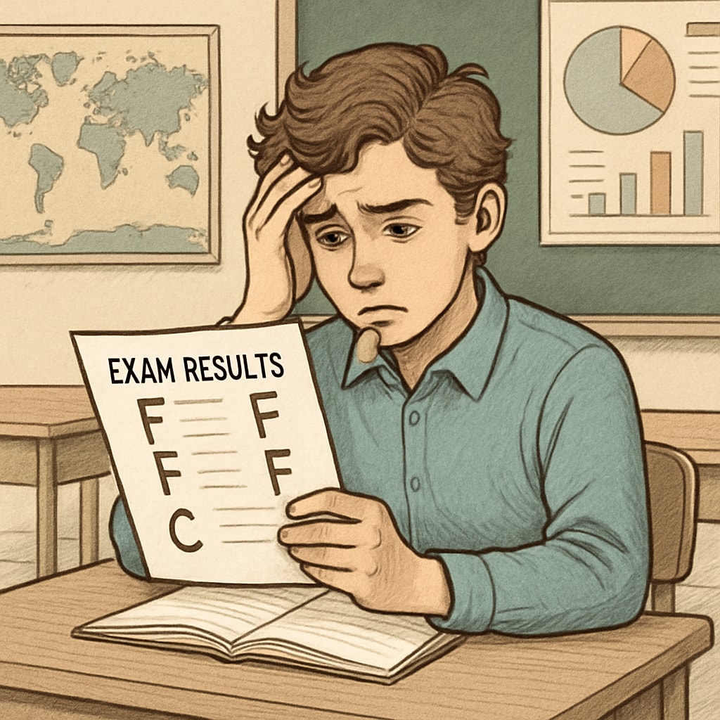 A student looking at their GCSE results, visibly concerned, symbolizing the emotional impact of academic disappointment. A concerned student reviewing their GCSE results, reflecting academic worries.