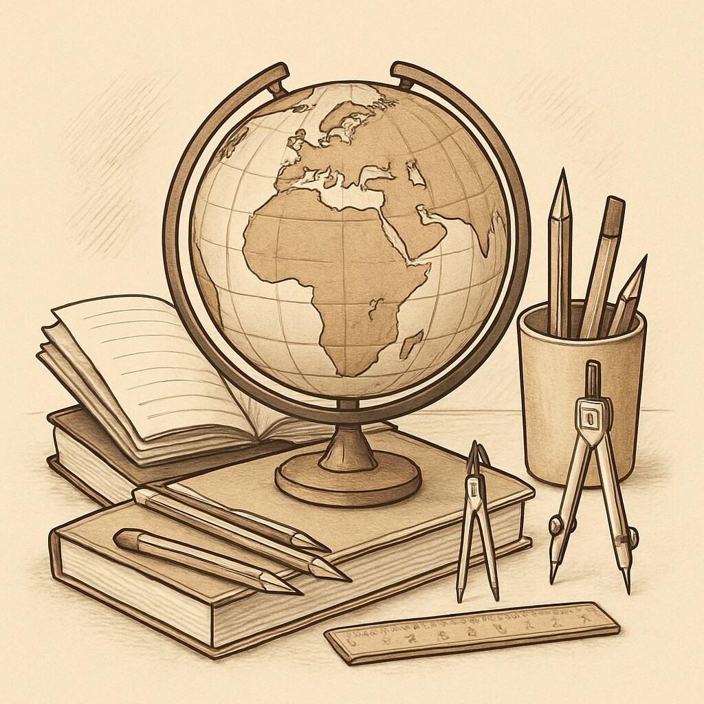 A neutral-toned image of a globe and educational tools, symbolizing the intersection of global awareness and education. A globe and educational tools illustrating the connection between education and global issues.