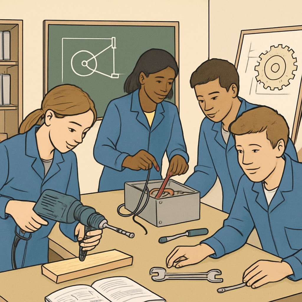 A group of young people engaged in a hands-on vocational training session, showcasing the value of alternative education. Students participating in vocational training, an example of alternative education.