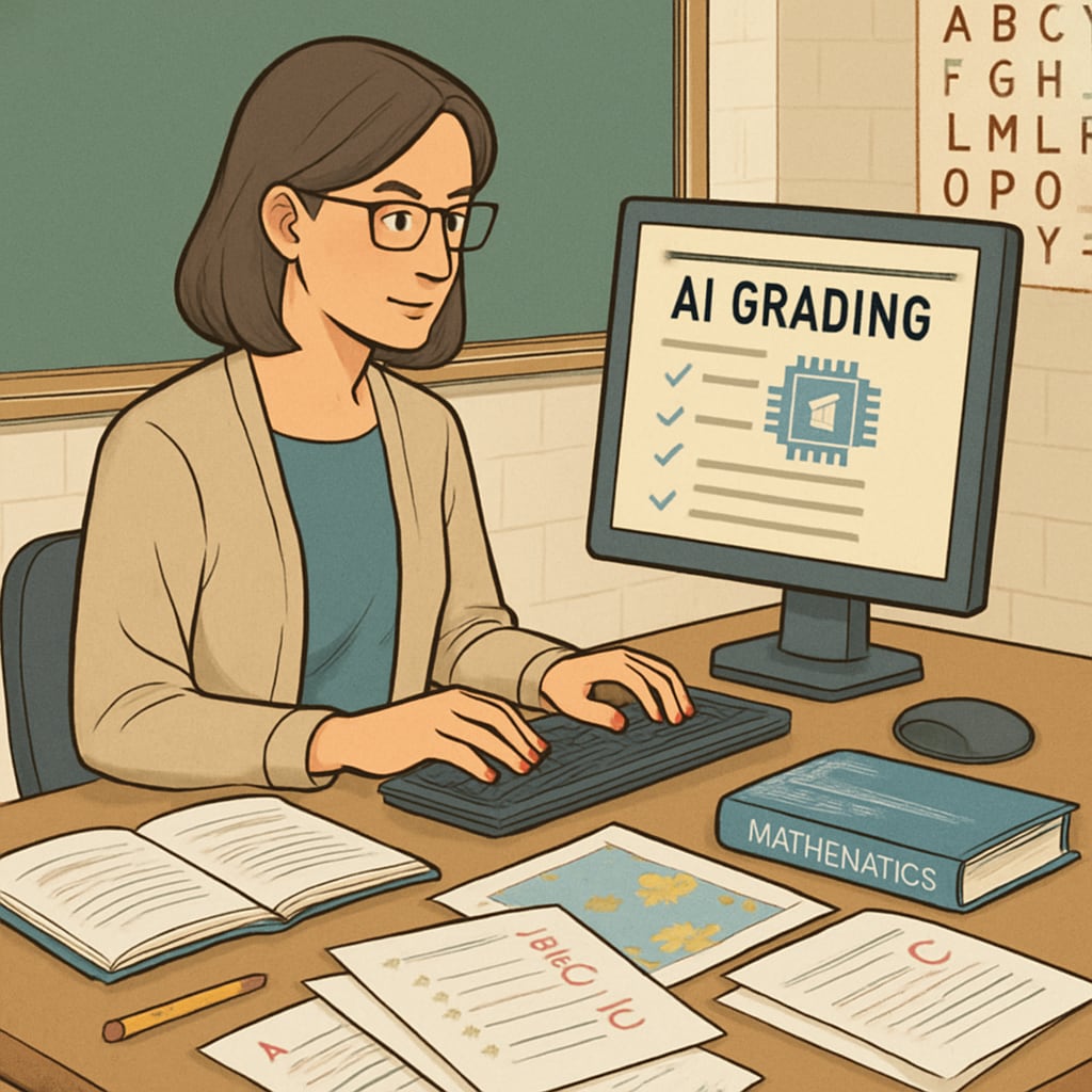 A teacher using AI software to automate grading tasks in a classroom setting. Teacher using AI software for grading, improving education efficiency.