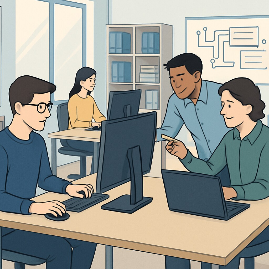 A modern office setting with computers and employees working in IT roles, representing the dynamic environment of technology careers. IT career choice image featuring a professional workspace with computers and employees.