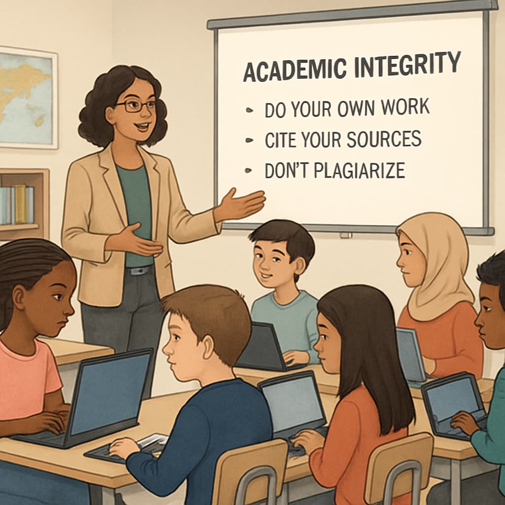 A diverse classroom where students work on laptops, with a teacher explaining academic integrity policies. Classroom discussion about writing monitoring and academic integrity tools.