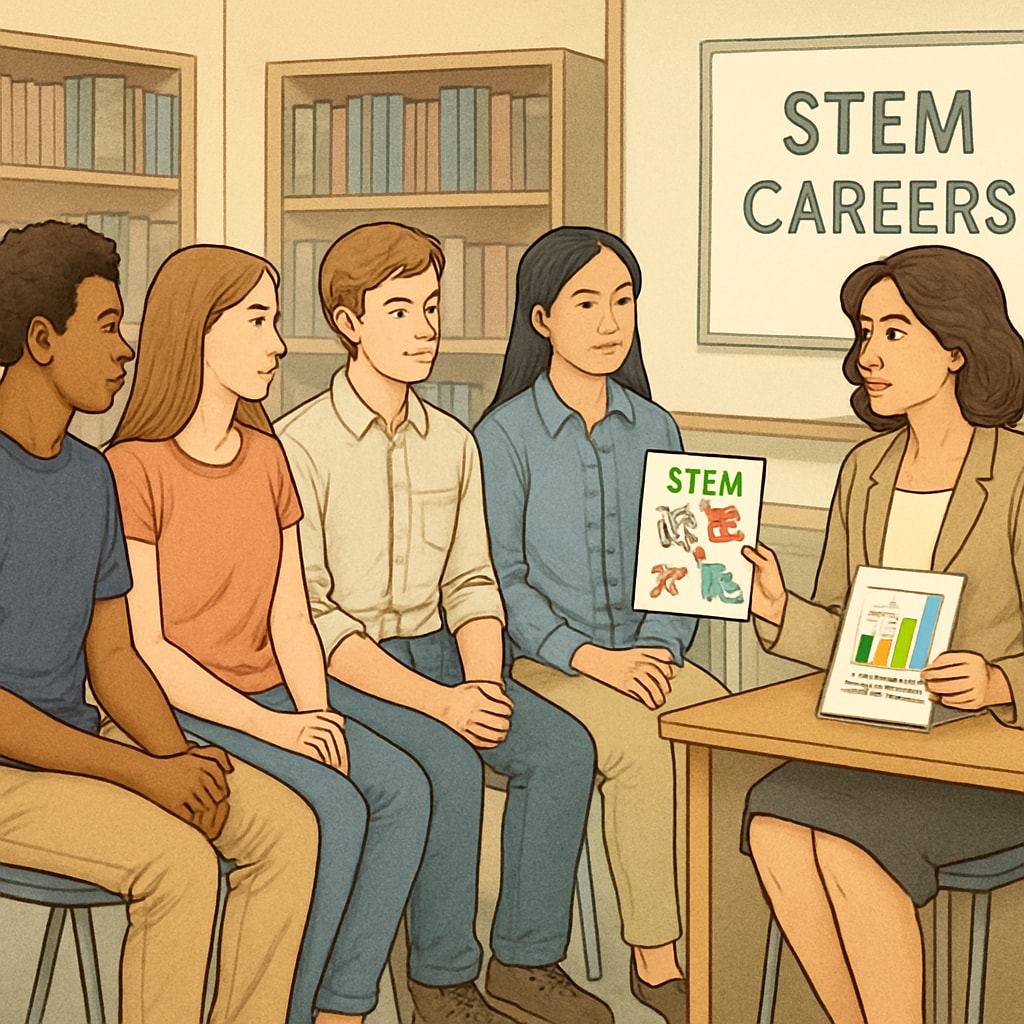 High school graduates discussing STEM career options with a counselor.