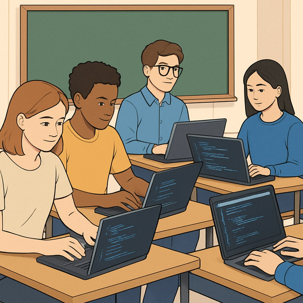 A group of students learning programming with laptops in a classroom setting, representing education in IT fields. Students learning programming in a classroom, illustrating IT education pathways.