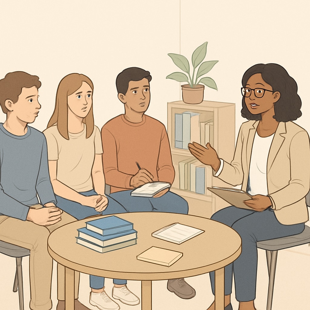Students sitting in a counseling session, with a counselor guiding them through academic or personal challenges. Students receiving academic counseling in a supportive school environment.