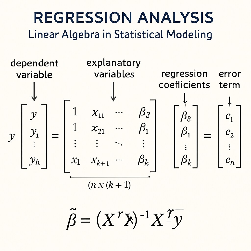 A detailed illustration of a matrix being used in regression analysis, emphasizing the importance of Linear Algebra in statistical modeling. Matrix application in regression analysis for biostatistics