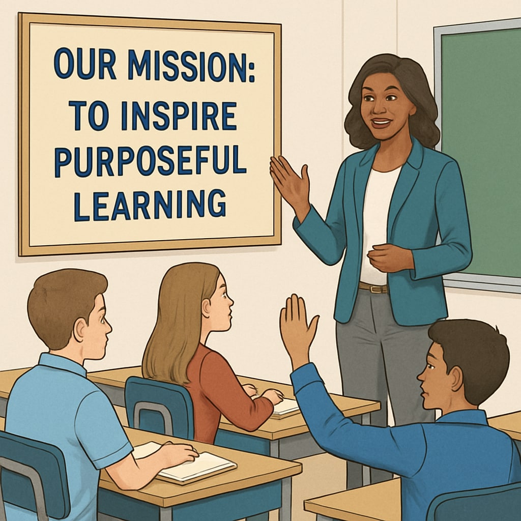 A teacher leading a classroom discussion with the school’s mission statement visible on the wall, emphasizing the importance of purpose-driven education. Teacher leading classroom discussion, with a mission statement displayed in the background.