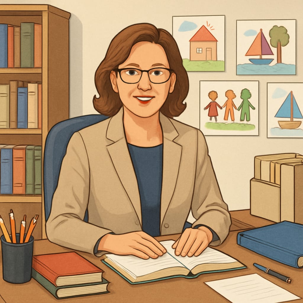 A professional school administrator working in an office setting with students' artwork visible in the background. Non-teaching education jobs - school administrator in office with student art