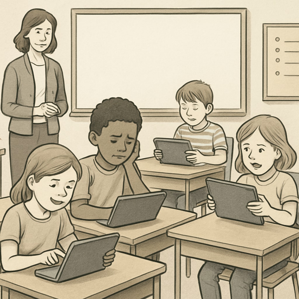 Classroom of children using tablets, highlighting technology’s impact on learning and mental health.