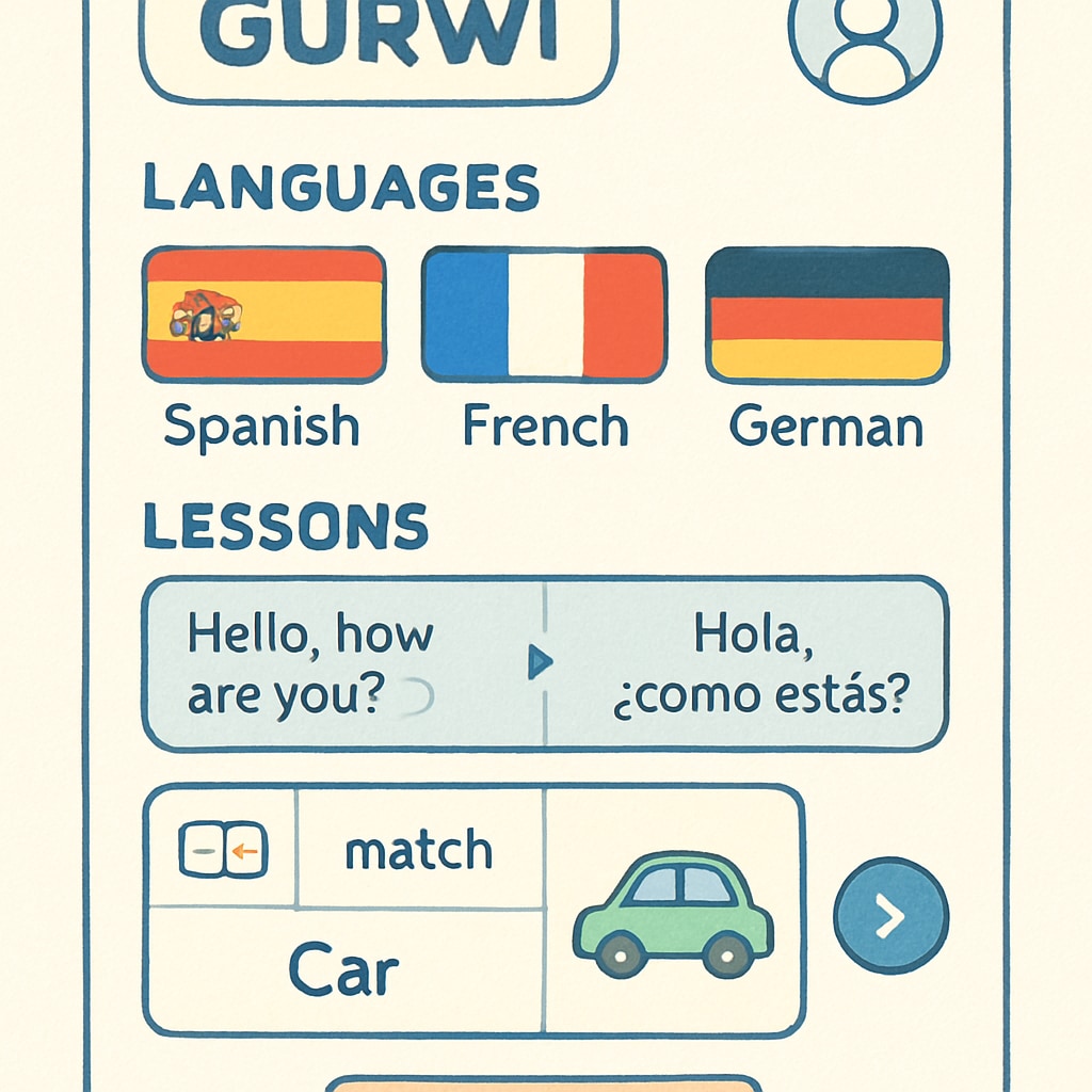 Gurwi app interface with multilingual education and visualized knowledge.