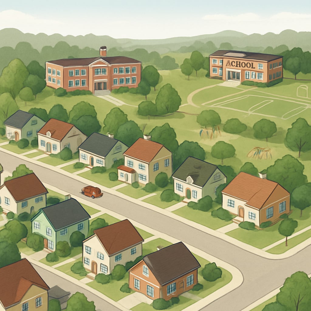 Suburban neighborhood with schools highlighting school district rankings, property value, and education choices.