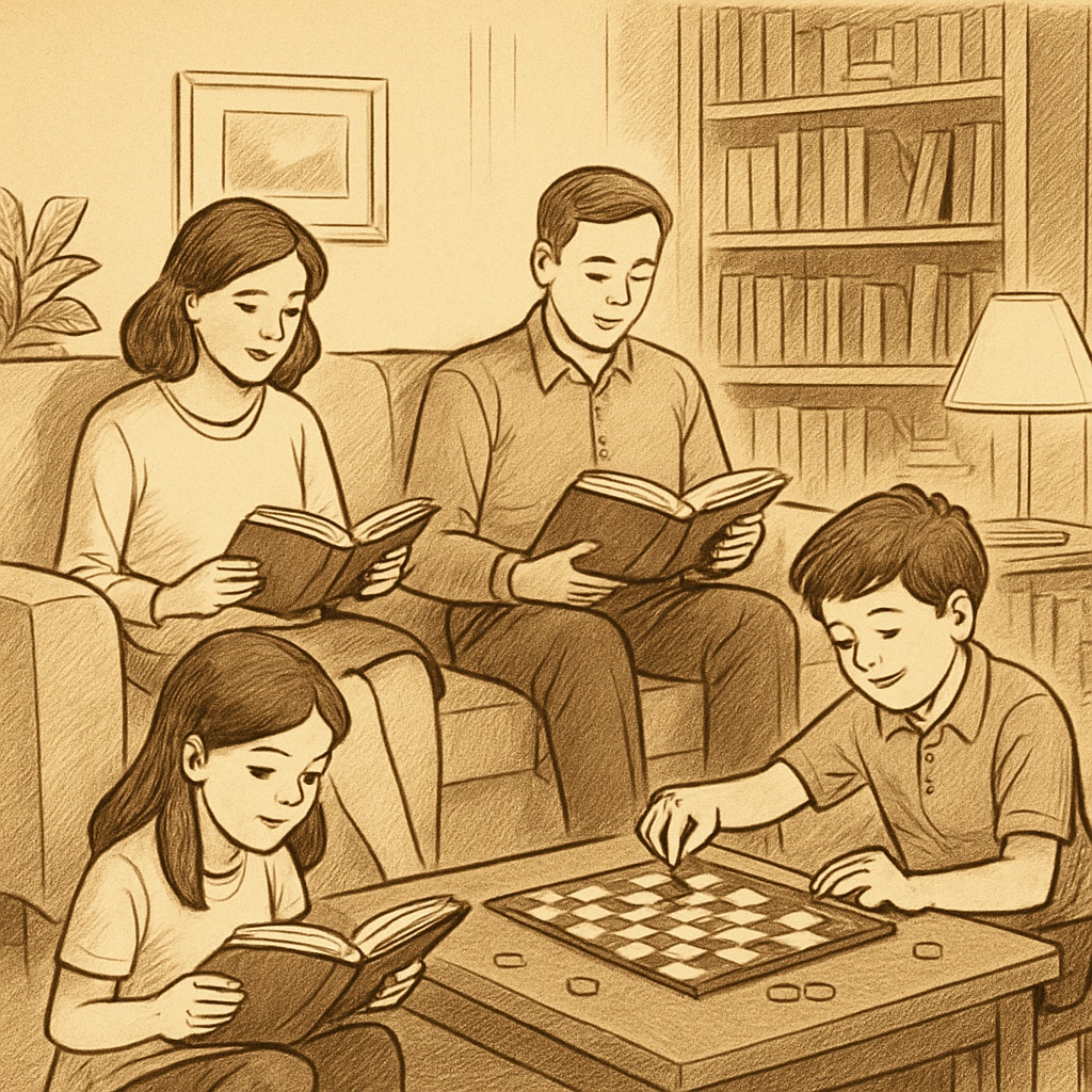 Family engaging in offline activities to promote mental health and reduce technology addiction.