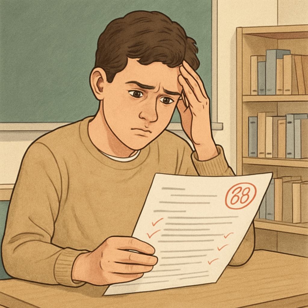 Student checking exam paper for errors, related to unfair teaching evaluations.
