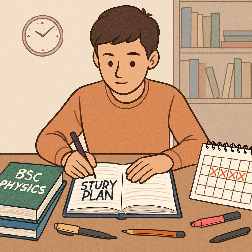 Student planning BSc Physics backlog strategy with a notebook and calendar.
