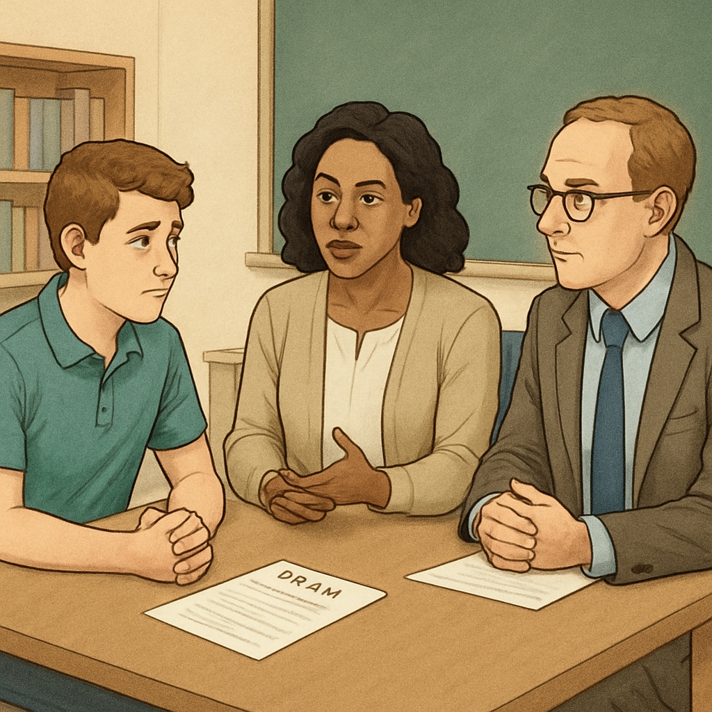 Student in a meeting about grading errors, highlighting the appeals process.