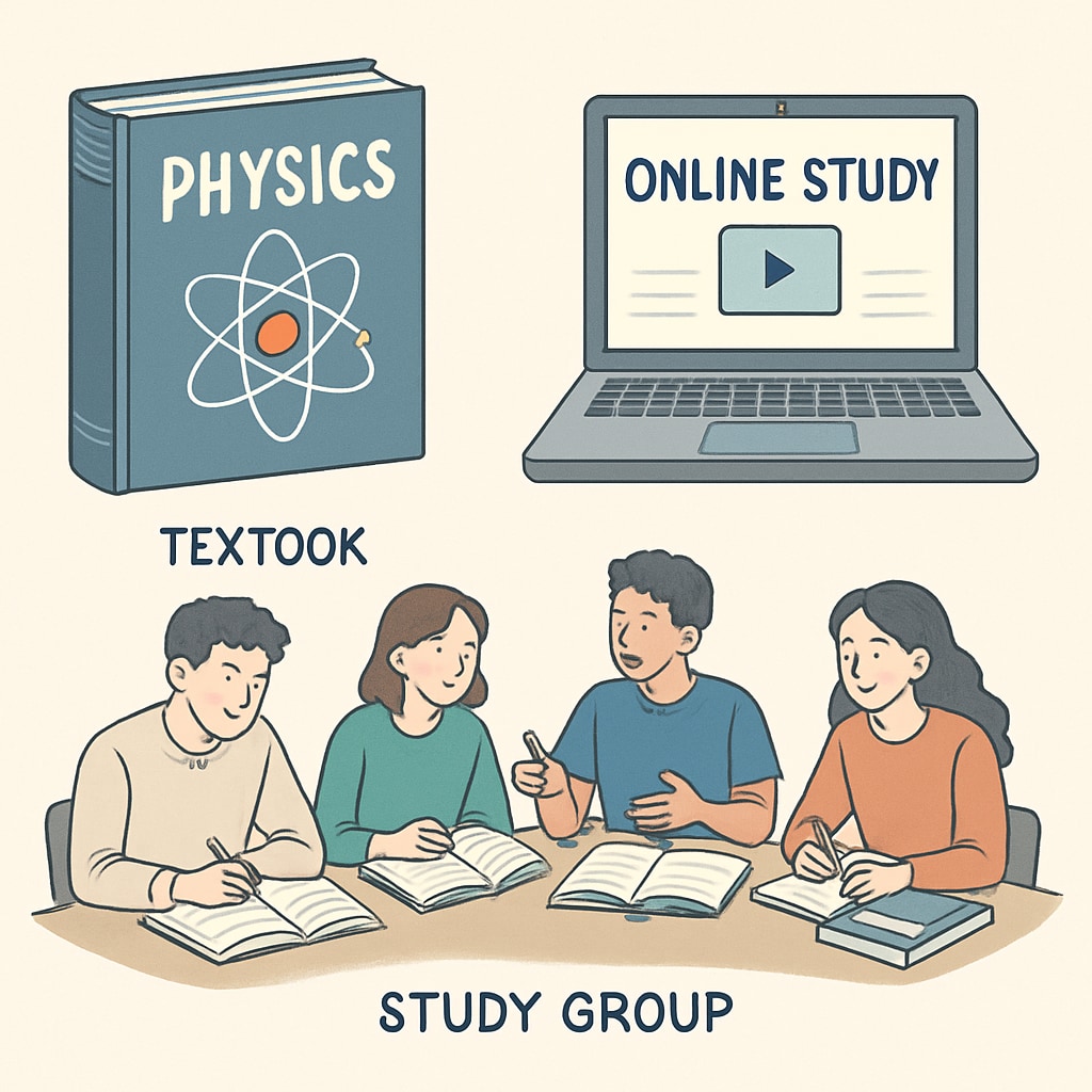 Study resources including physics textbooks and online platforms for clearing backlogs.