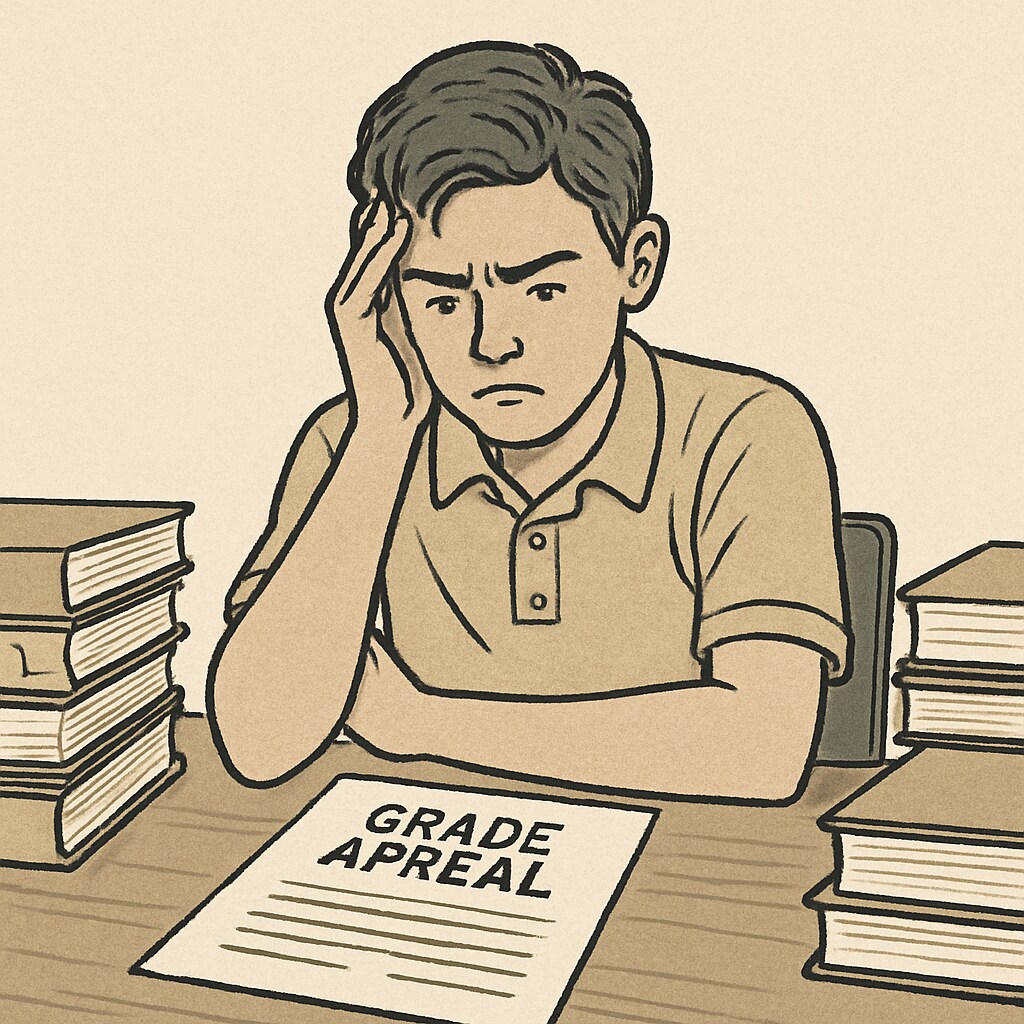 A frustrated high school student sitting at a desk surrounded by textbooks and grade appeal documents. A student working on AP Physics C grade appeal paperwork, looking frustrated.
