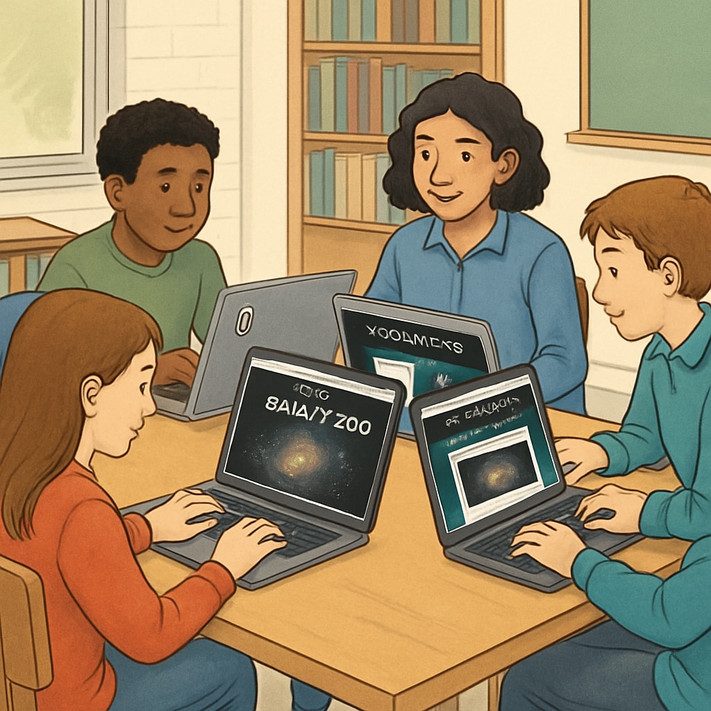 A group of students using laptops to explore the Zooniverse platform and contribute to a citizen science project. Students engaging with Zooniverse for a citizen science project in the classroom.