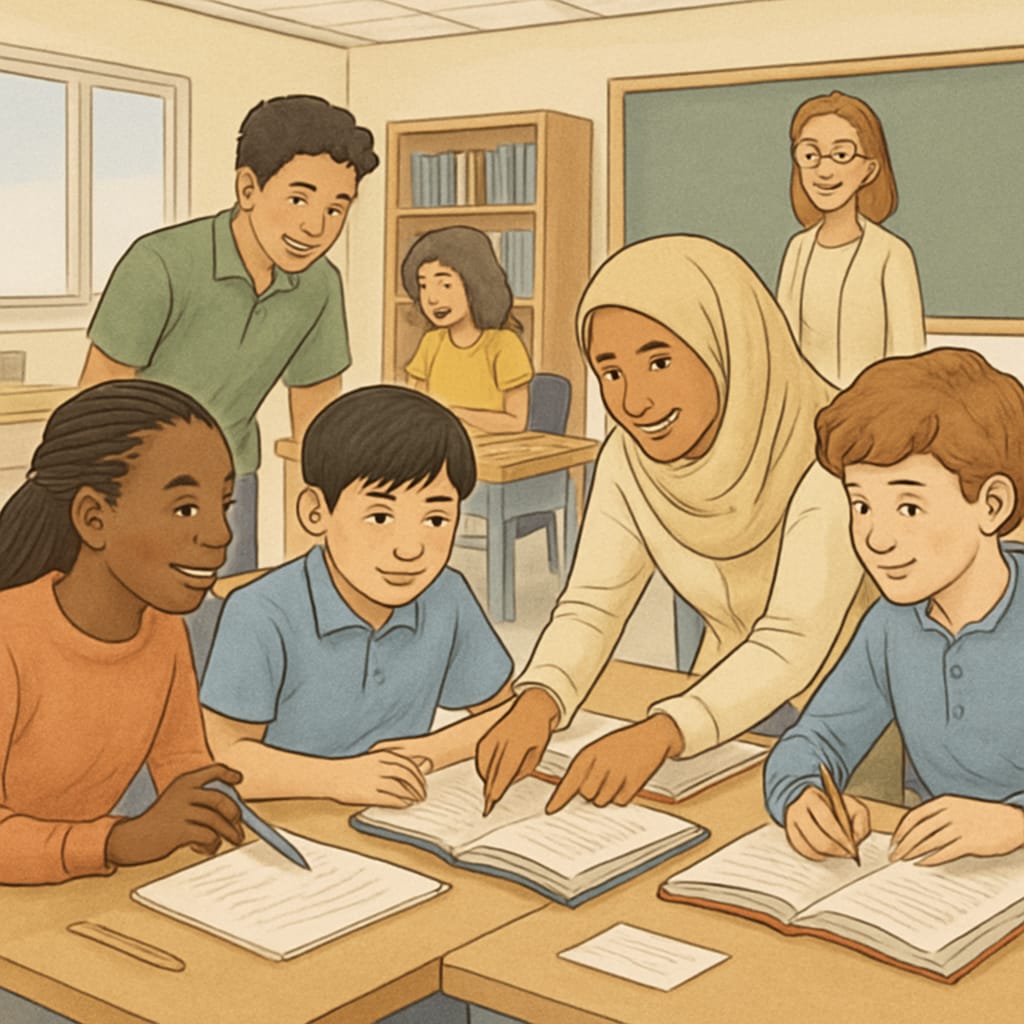 Students of diverse backgrounds participating in a collaborative classroom activity. The scene highlights inclusion and teamwork. Diverse students collaborating in a public elementary school classroom
