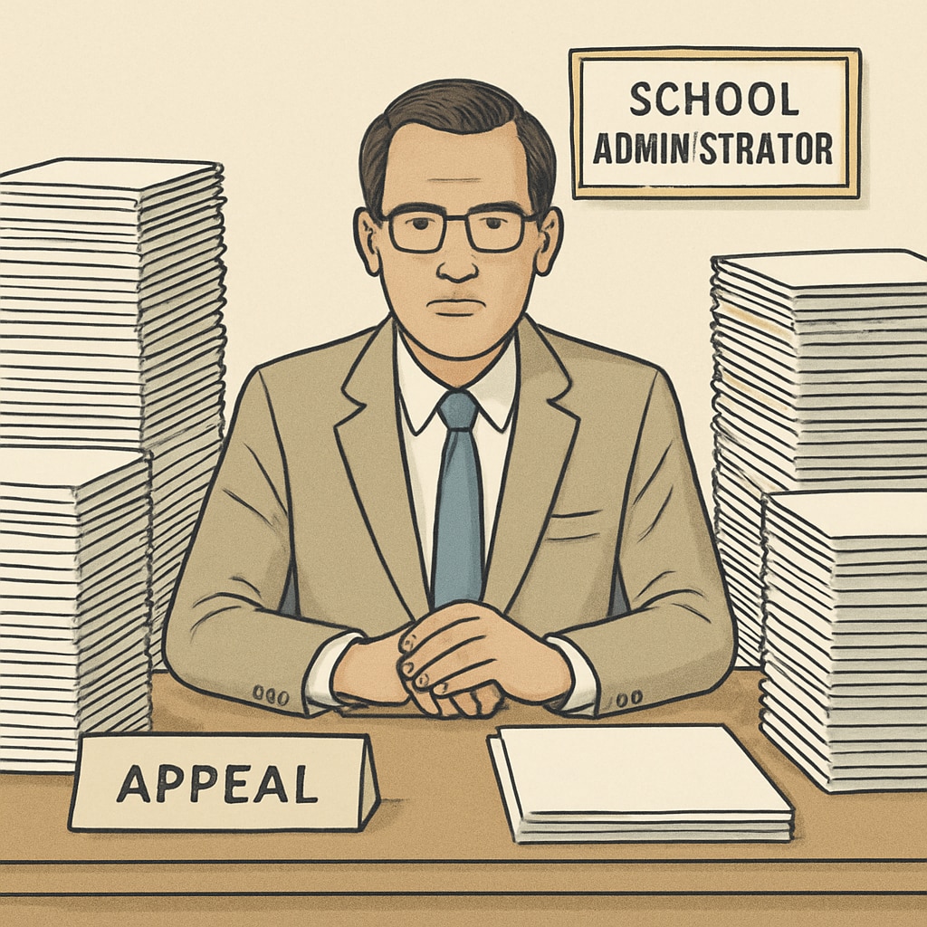 A school administrator sitting at a desk, surrounded by stacks of paperwork, representing the bureaucracy of the appeal process. An administrator reviewing grade appeal documents, emphasizing bureaucracy in education.