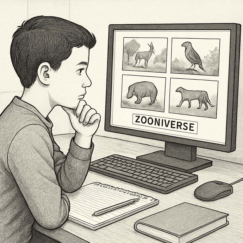 A student analyzing wildlife images as part of a Zooniverse citizen science project. Student contributing to a Zooniverse project by identifying animals in wildlife images.