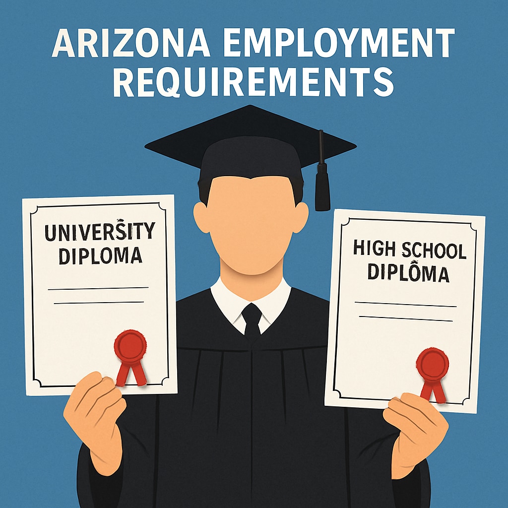 A person holding a university diploma in one hand and a high school diploma in the other, symbolizing the paradox in Arizona employment requirements. Comparing high school and university diplomas in Arizona's employment policy