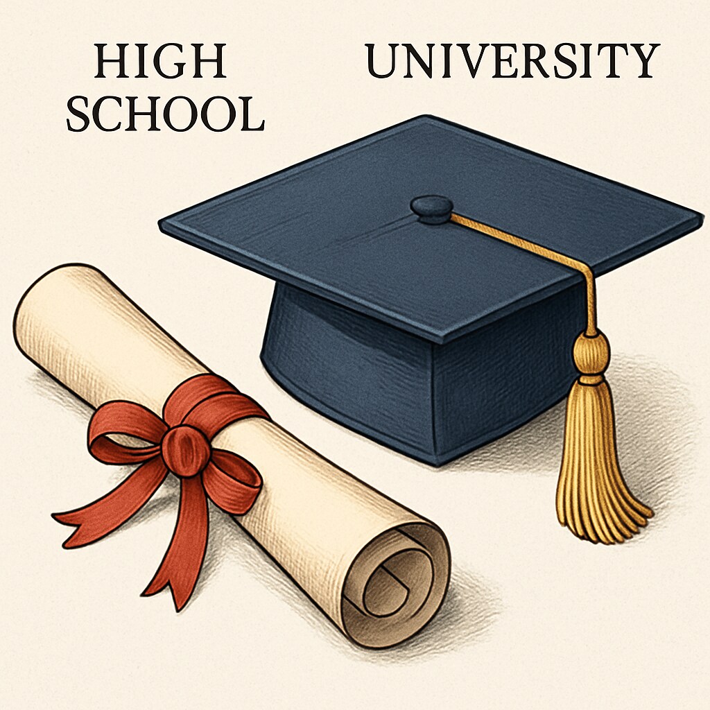 A close-up of a graduation cap and diploma, highlighting the contrast between high school and university achievements. Graduation cap and diploma showing the difference between academic levels