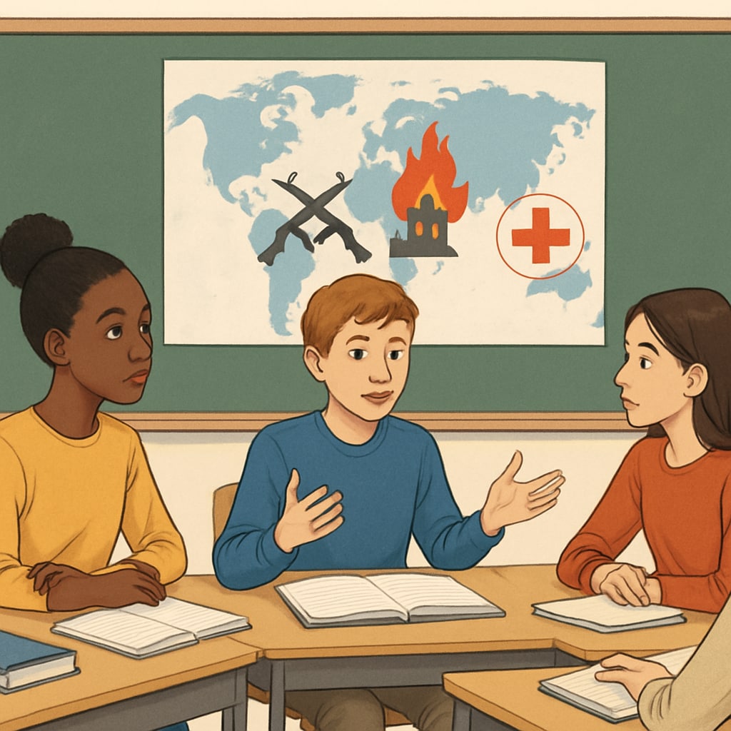 Students in a classroom discussing global conflicts, related to the Gaza moment of silence debate.