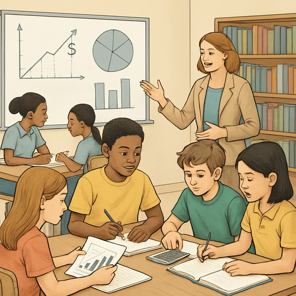 A classroom of K12 students engaging in a collaborative problem-solving activity aimed at developing analytical and financial skills. K12 students working on teamwork exercises for business analysis and financial literacy.
