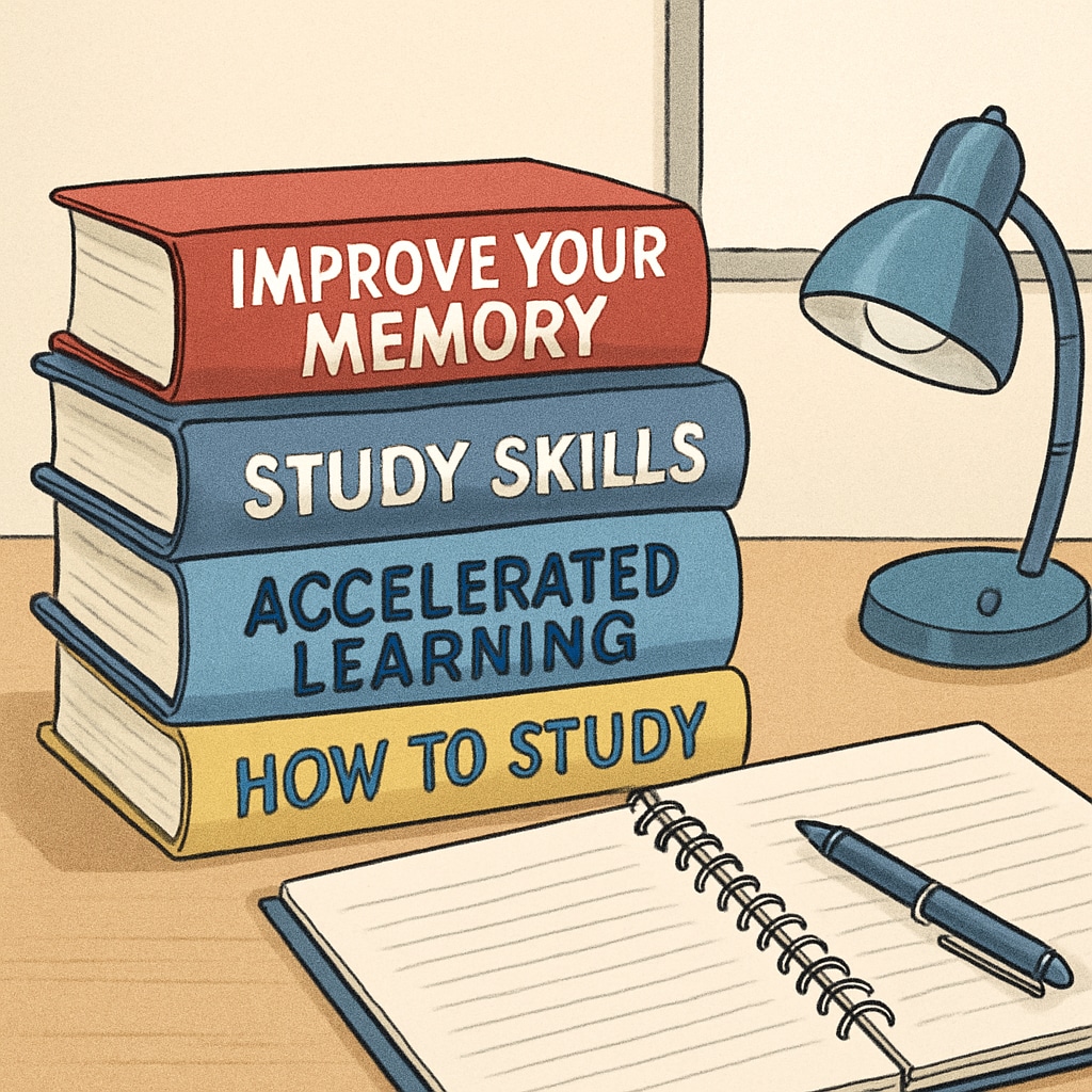 A stack of books with titles related to memory improvement and study techniques, placed on a study desk. The image emphasizes educational resources. Stack of books on memory improvement and study techniques on a desk.