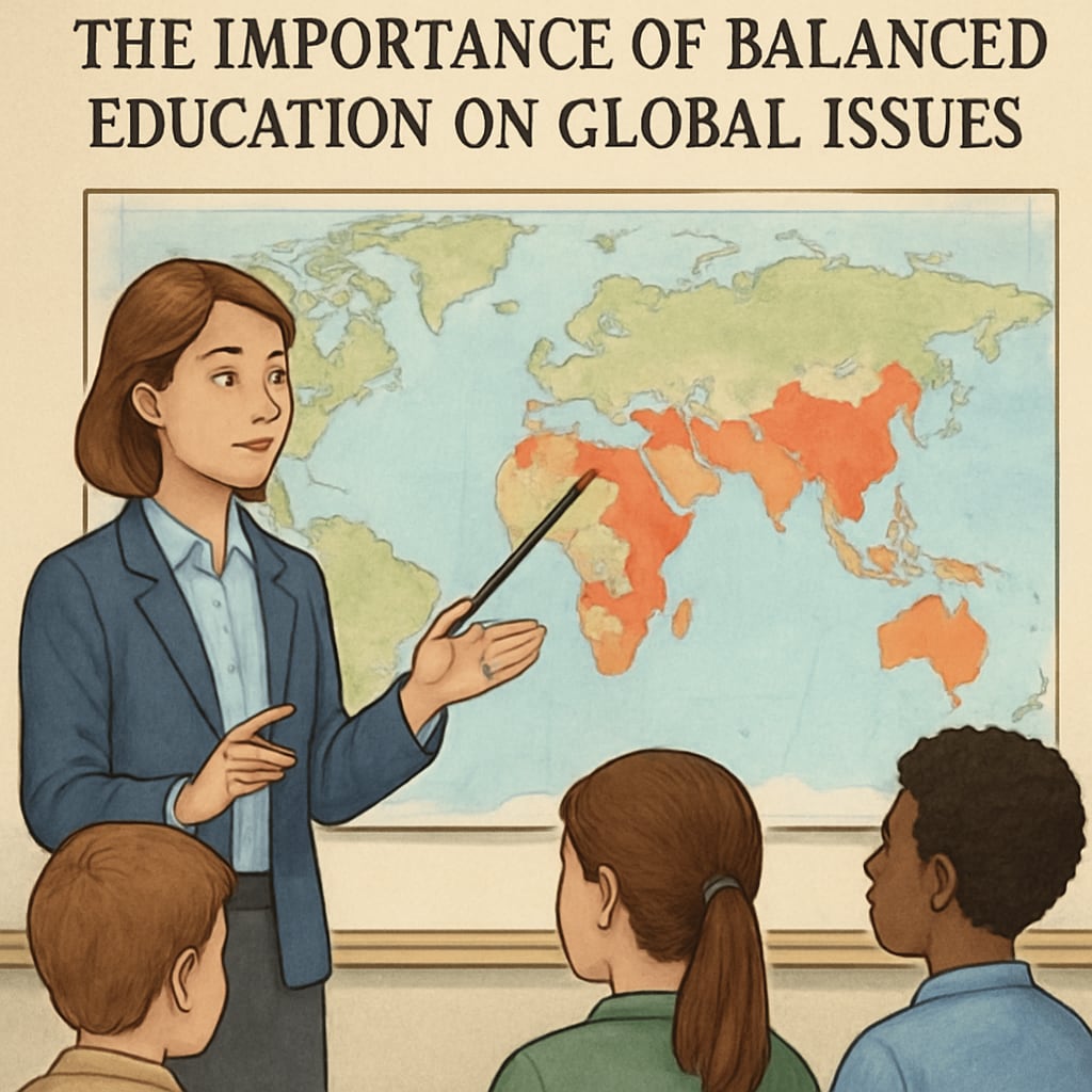 Teacher pointing at a world map, focusing on conflict regions, related to global humanitarian education.