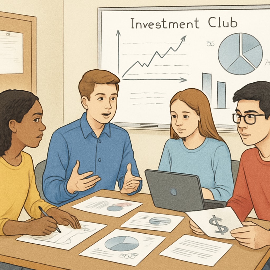 An extracurricular club for high school students focused on developing investment strategies and presentations. High school students participating in an investment club to learn finance and teamwork.