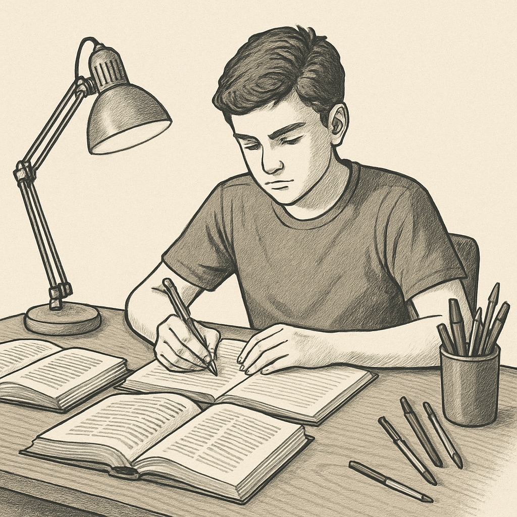 A teenager sitting at a desk with several open books, taking notes, symbolizing effective study habits. Teen studying with books and notes, symbolizing learning methods and memory techniques.