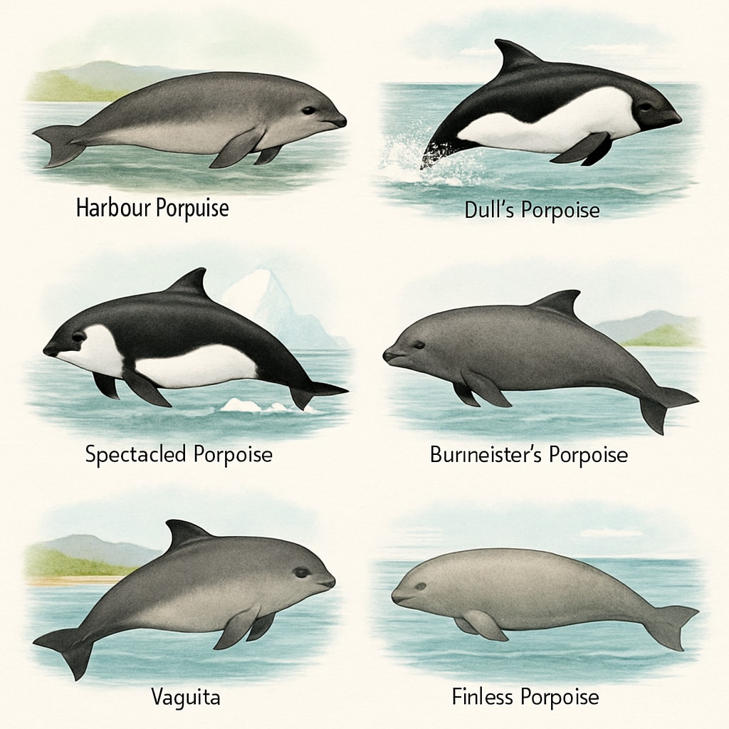 A detailed illustration or photograph of different porpoise species, highlighting their physical features and habitats. Porpoises, marine life, species classification illustration.