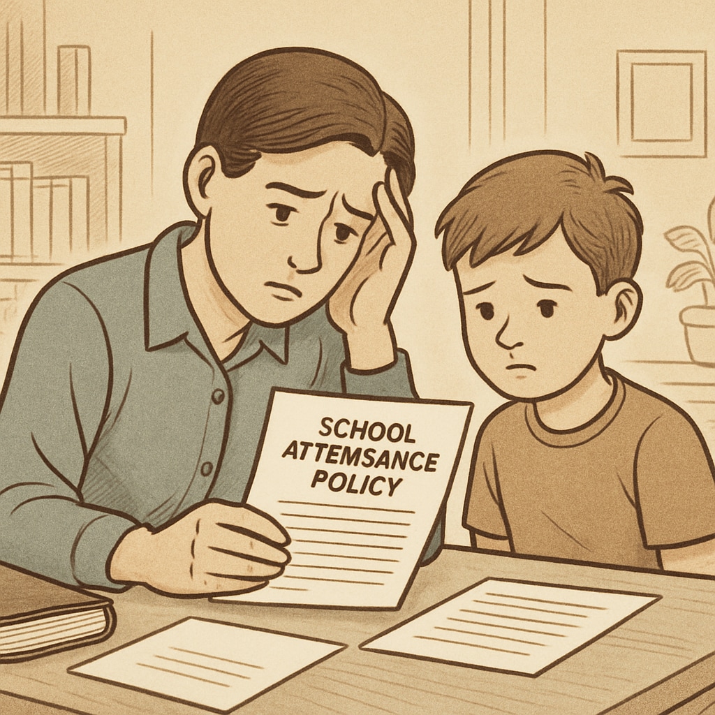 A worried parent reviewing school attendance policies with their child at home. The image conveys concern regarding strict school rules. Strict attendance policies concern parents