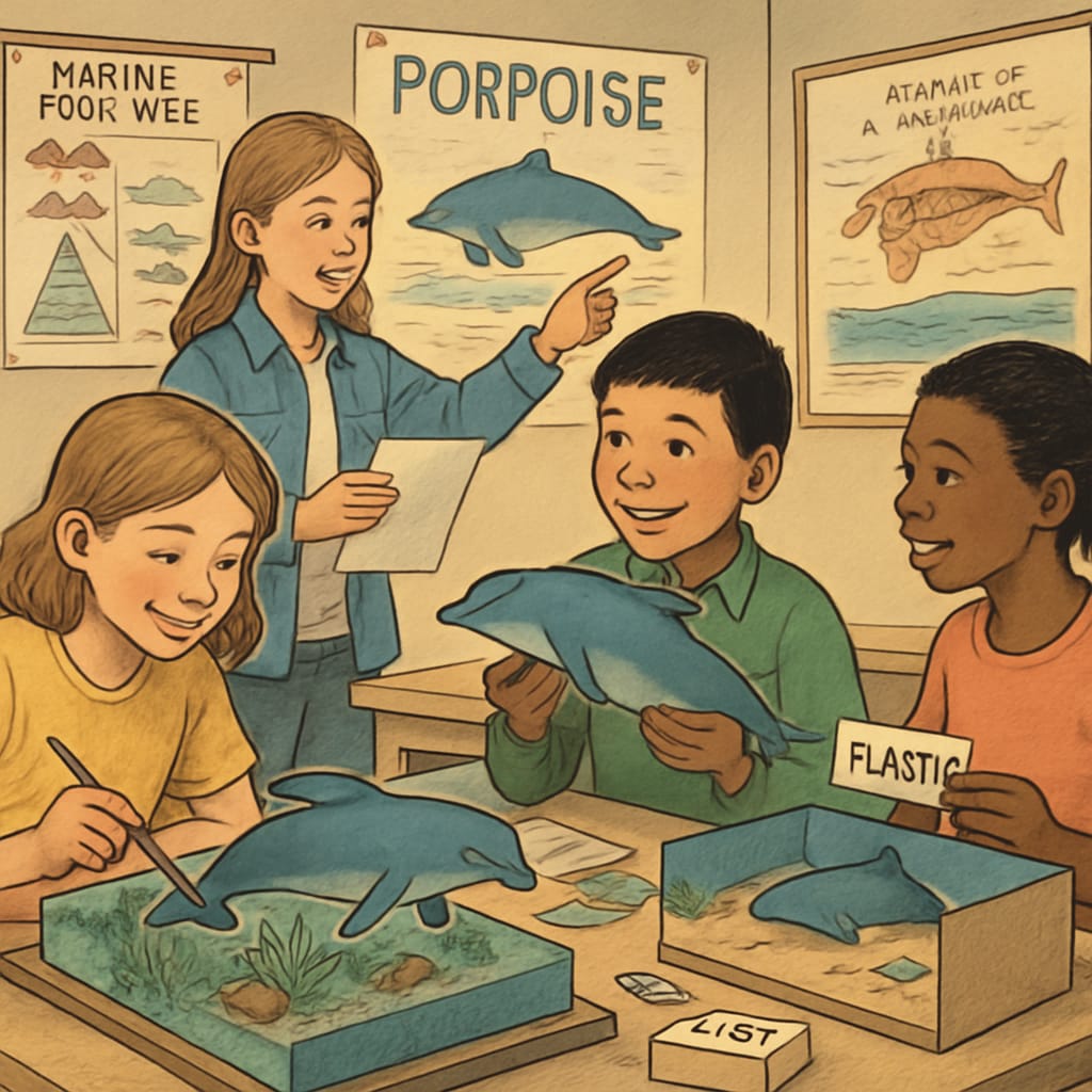 A classroom setting where students are engaged in a hands-on project about marine life conservation, featuring models of porpoises and their habitats. Students learning about porpoises, marine life, and species classification in a classroom setting.