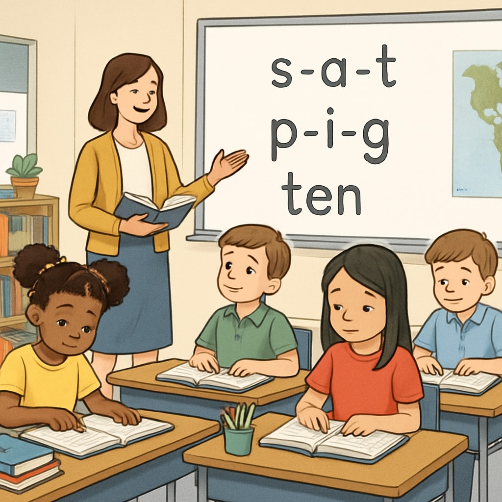 Children practicing phonics-based reading exercises in a classroom setting.