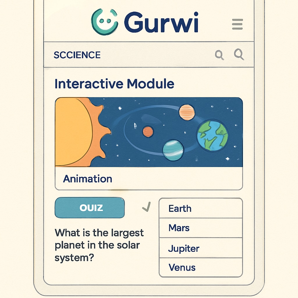 A screenshot of the Gurwi app showing an interactive science module with animations and quizzes, suitable for K12 students. Gurwi app interface showcasing interactive science learning for K12 education.
